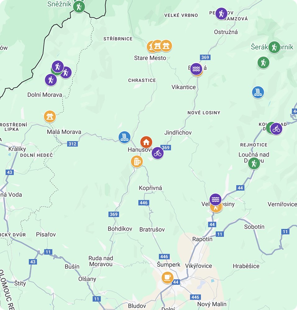Mapa s polohou Hanušovy chalupy